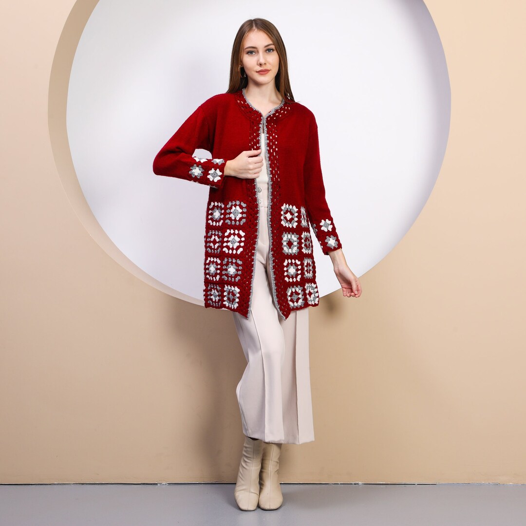 Red Crochet Cardigan Crochet Cardigan Women Knit Coat Etsy