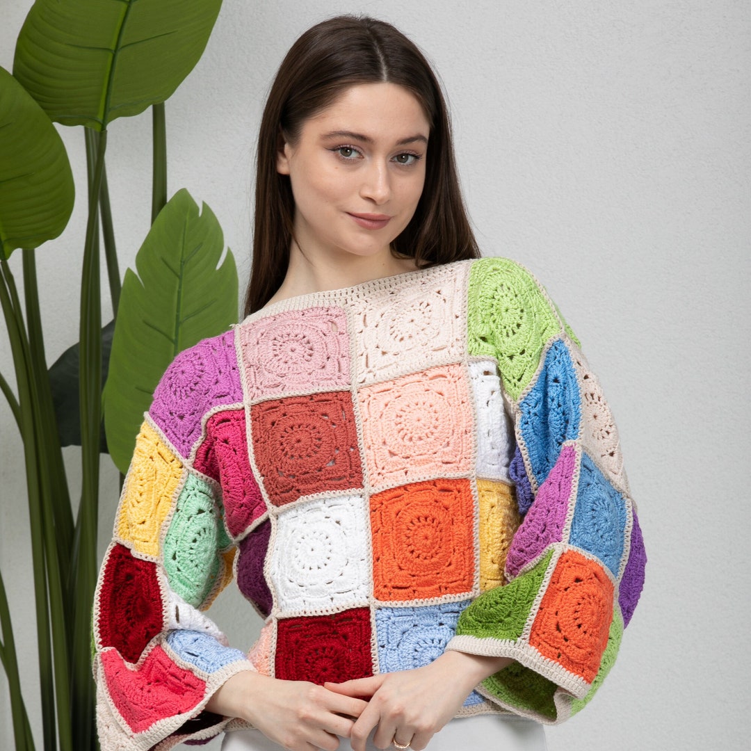 Patchwork Knit Sweater, Colorful Crochet Sweater, Crochet Top Granny Square, Crochet Sweater for Women, Boho Style Sweater, Hippie Festival - Etsy Patchwork Knit Sweater, Colorful Crochet Sweater, Crochet Top Granny Square, Crochet Sweater for Women, Boho Style Sweater, Hippie Festival - Etsy