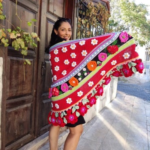 Red Floral Crochet Shawl, Crochet 3d Shawl, Women Knit Cotton Shawl, Cotton Wrap, flowers cherries, flowers crochet wrap, festival swahl