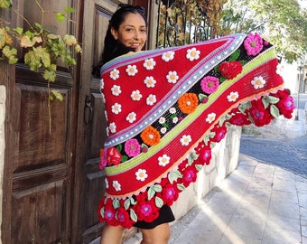 Red Floral Crochet Shawl, Crochet 3d Shawl, Women Knit Cotton Shawl, Cotton Wrap, flowers cherries, flowers crochet wrap, festival swahl