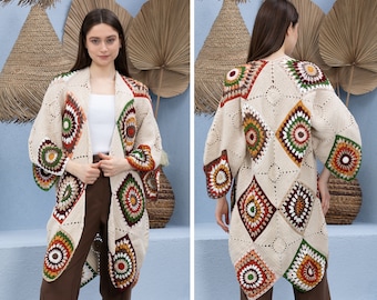 Beige gehaakte kimono, Boho vest, oma vierkant Afghaans vest, gebreide gehaakte jas, patchwork vest, lang oversized jasje