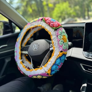 African Flower Crochet Daisy Steering Wheel Cover, Knitted Flower Steering Wheel Cover, Crochet Accessories Fathers Day