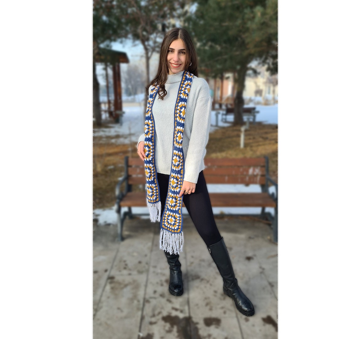 Granny Square Blue Scarf, Crochet Scarf, Crochet White Scarf, Knit ...