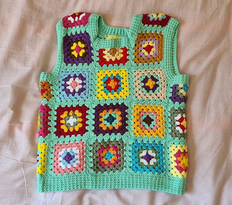 Crochet Vests, Granny Square Boho Top, Knitted Patchwork Sweater, Knitted Crochet, Boho Style Sweater, Hippie Festival Water Green