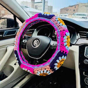 Pink Crochet Daisy Steering Wheel Cover, Daisy Flower Steering Wheel Cover, Crochet Accessories Fathers Day