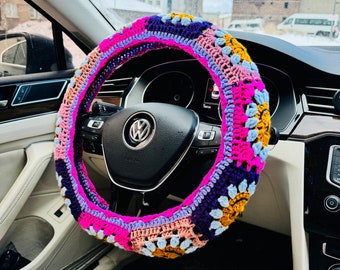 Pink Crochet Daisy Steering Wheel Cover, Daisy Flower Steering Wheel Cover, Crochet Accessories Fathers Day