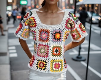 Maglione quadrato della nonna all'uncinetto, maglione patchwork lavorato a maglia, gilet all'uncinetto lavorato a maglia, maglione stile Boho, top Hippie Festival, top corto