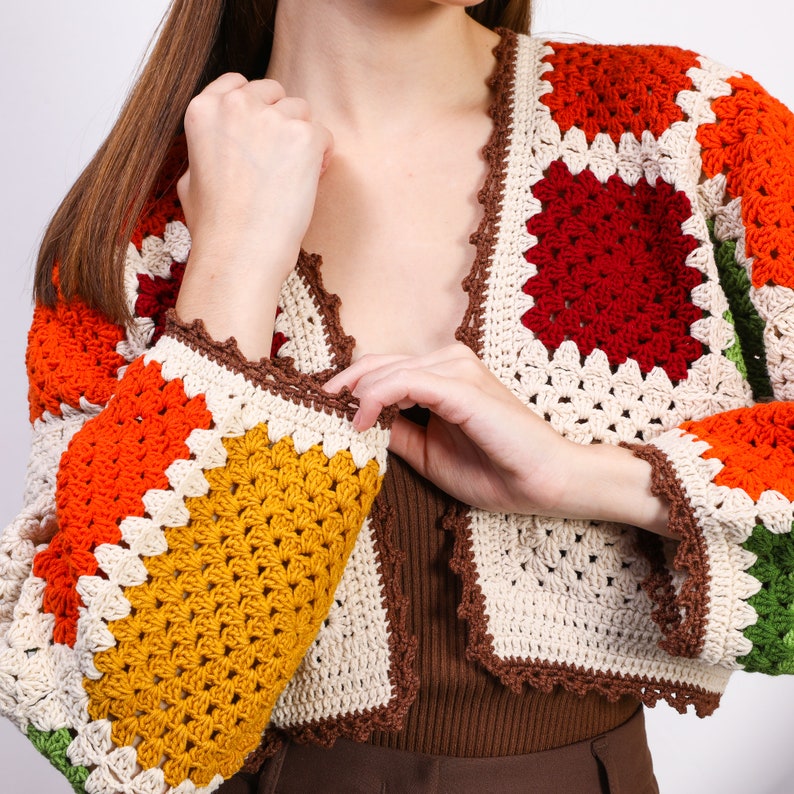 Bohem color Crochet Crop Jacket, Knitted Boho Top, Granny Square Sweater, Valentine's Day gift, Knit Patchwork Jacket image 3