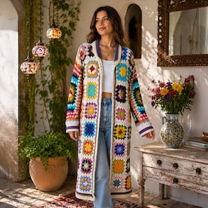 Long Grany Square Cotton Cardigan, Knitted  Patchwork Jacket