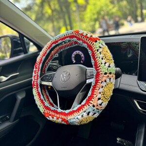 Red Crochet Daisy Steering Wheel Cover, Smile face Flower Steering Wheel Cover, Crochet Accessories Fathers Day