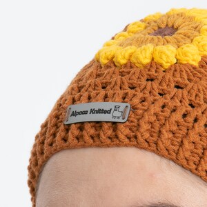 Orange Sunflower Winter Set, Hand Knit Beanie, Crochet Woman Scarf, Granny Square Scarf, crochet flower scarf, Knit Afghan Scarf image 7