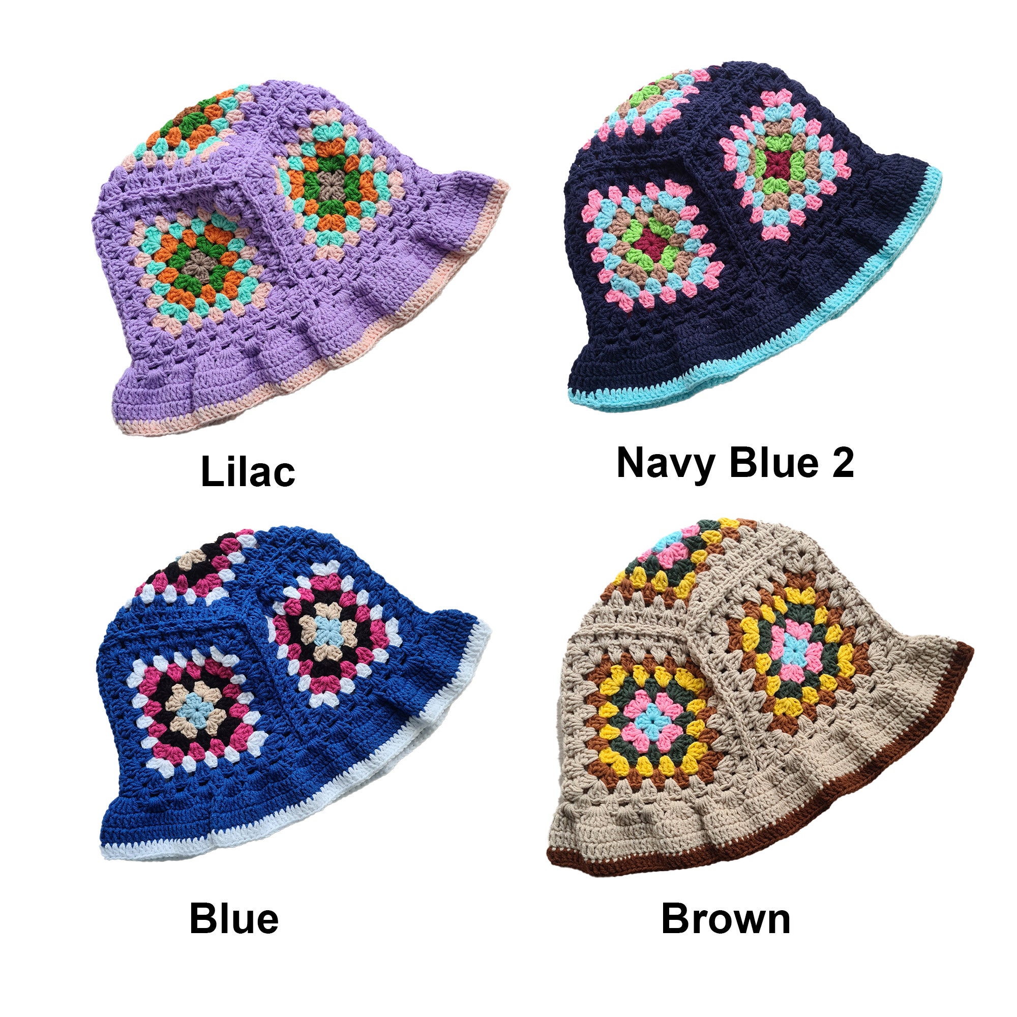 Granny Square Crochet Bucket Hat, Knitted Beanie, Colorful