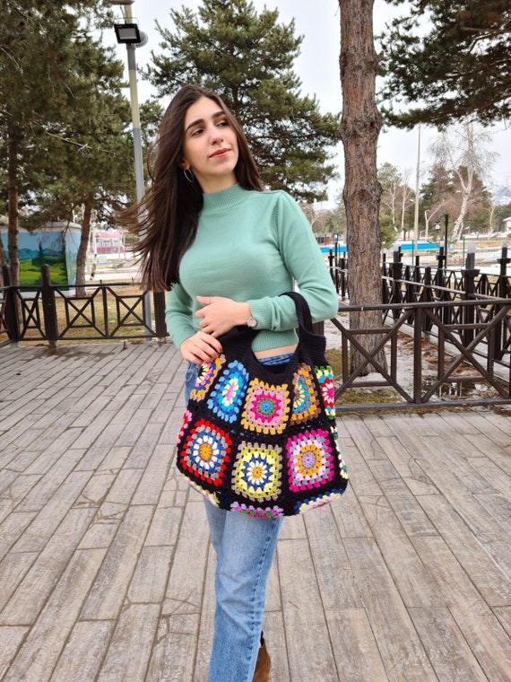 Granny Square Bag, Crochet Bag, Crochet Purse, Crochet Tote Bag, Retro Bag,  Hippie Bag,gift for Her, Boho Bag, Vintage Style, Bag for Women 