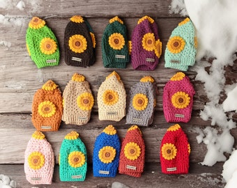 Sunflower Knitted beanie, Granny Square Crochet Hat, Knitted beanie, crochet bucket hat, Winter accessory, christmas gift for her