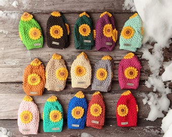 Bonnet tricoté tournesol, chapeau au crochet grand-mère carré, bonnet tricoté, chapeau de seau au crochet, accessoire d’hiver, cadeau de Noël pour elle