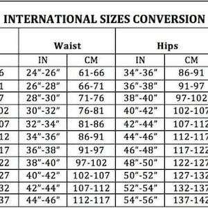 May include: A chart showing international clothing size conversions for women's clothing. The chart includes sizes for bust, waist, and hips in inches and centimeters. It also includes UK & AU sizes, Euro sizes, and USA sizes.