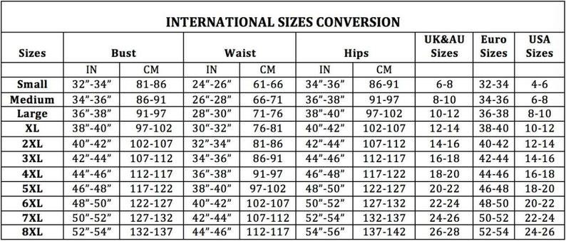 May include: A chart showing international clothing size conversions for women's clothing. The chart includes sizes for bust, waist, and hips in inches and centimeters. It also includes UK & AU sizes, Euro sizes, and USA sizes.
