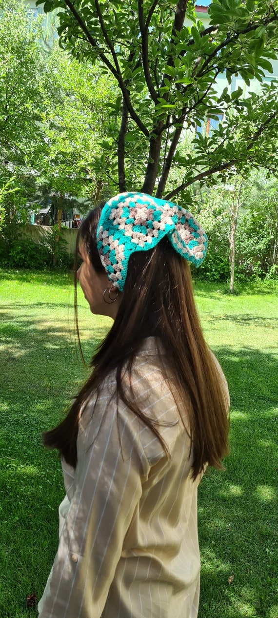 Womens Green Crochet Bandana Crochet Bandana, Boho Hair Scarf, Retro Bandana, Hair  main image 3