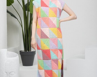 premium patchwork crochet knitted dress Crochet Patchwork Mini Dress Multicolor / PETITE