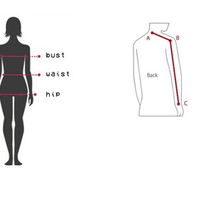 Pu&ograve; includere: Diagramma che mostra come misurare il busto, la vita e i fianchi di una persona. Un diagramma separato mostra come misurare la lunghezza di una camicia dalla spalla al polso.