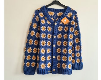 Blue Crochet Flowers Jacket, Crochet Retro Sweater, Afghan Crochet Cardigan, Hand Knitted Jacket, Retro Sweater, Men Style Jacket