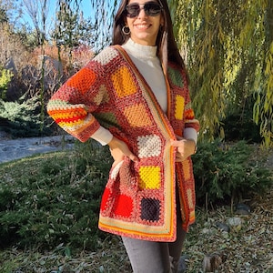 Ginger Crochet Patchwork Cardigan, Granny square Jacket, Crochet Cardigan women, Knit Coat, Cardigan sweaters for women