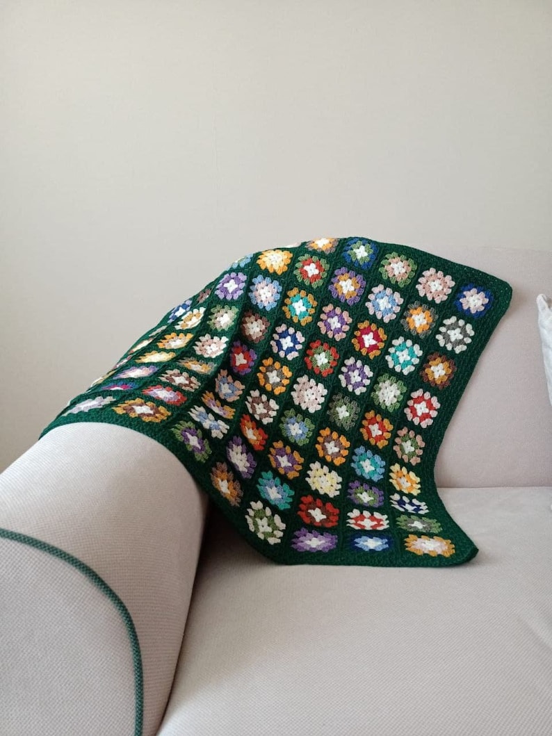 Granny Square Knitted Blanket Green Crochet Afghan Blanket Etsy