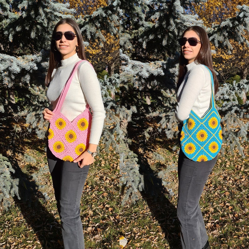 Sunstone Sunflower Bag, Crochet Mini Shoulder Bags, Floral Knit Bag, Mini Daisy Bag, Grannysquare Bag, Crochet Purse, Knit Tote Bag Blue