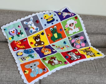 Manta de bebé tejida a crochet con animales, animales del zoológico de safari, manta de bebé tejida a mano de colores, manta para recién nacido, ropa de cama para bebé.