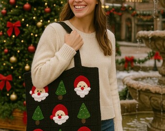 かぎ針編みのクリスマスミニトートバッグ、サンタとクリスマスツリーの