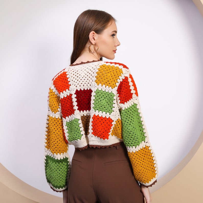 Bohem color Crochet Crop Jacket, Knitted Boho Top, Granny Square Sweater, Valentine's Day gift, Knit Patchwork Jacket image 7