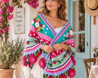 May include: A vibrant, multi-colored crochet shawl featuring intricate floral appliques in shades of hot pink, turquoise, and white. The garment displays horizontal stripes, raised white polka dots, and a scalloped light blue border edge.