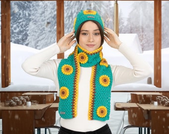 Jungle Green Sunflower Scarf, Hand Knit Hat, Crochet Woman Beanie, Granny Square Winter Set, crochet flower scarf, Knit Afghan Scarf