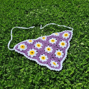 Daisy Purple Crochet Bandana, Flower Hair Kerchief, Orange Hair Scarf, Retro Bandana, Mothers Day Gift for Her, Crochet Hair Accessory