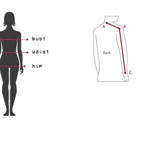 May include: Diagram showing how to measure bust, waist, and hip on a person. A separate diagram shows how to measure the length of a shirt from the shoulder to the wrist.