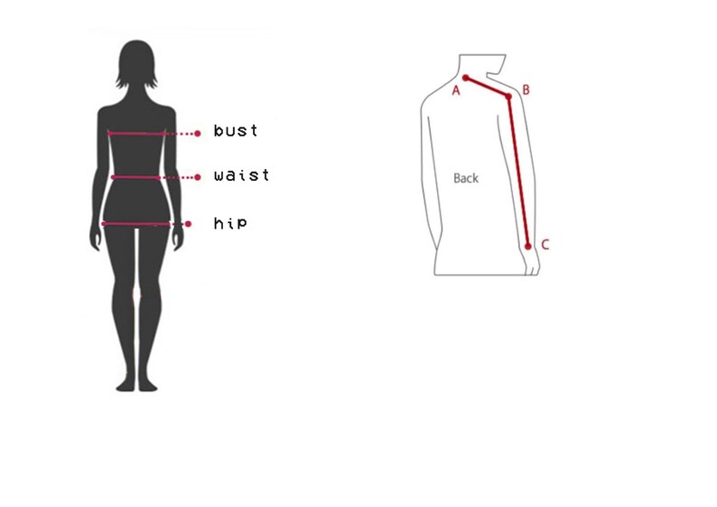 May include: Diagram showing how to measure bust, waist, and hip on a person. A separate diagram shows how to measure the length of a shirt from the shoulder to the wrist.