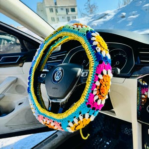 Orange Crochet Daisy Steering Wheel Cover, Daisy Flower Steering Wheel Cover, Crochet Accessories Fathers Day Rainbow 2