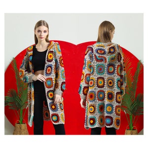 Brown Crochet Cardigan, Knitted Granny Square Coat, Afghan Cardigan ...