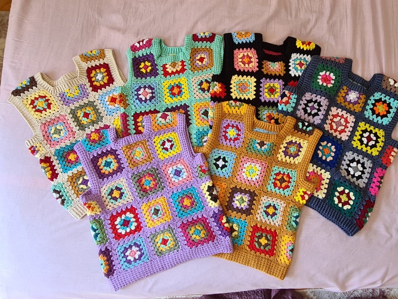Gilets au crochet, haut bohème carré grand-mère, pull patchwork, tricot au crochet, pull style bohème, festival hippie image 2