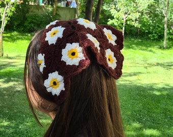Crochet Brown Sunflowers Bandana, Daisy Hair Kerchief, Hair Scarf, Crochet Hair Accessory, Summer Beach Retro Bandana, Mothers Day