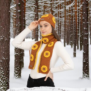 Orange Sunflower Winter Set, Hand Knit Beanie, Crochet Woman Scarf, Granny Square Scarf, crochet flower scarf, Knit Afghan Scarf