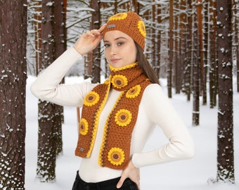 Orange Sunflower Winter Set, Hand Knit Beanie, Crochet Woman Scarf, Granny Square Scarf, crochet flower scarf, Knit Afghan Scarf