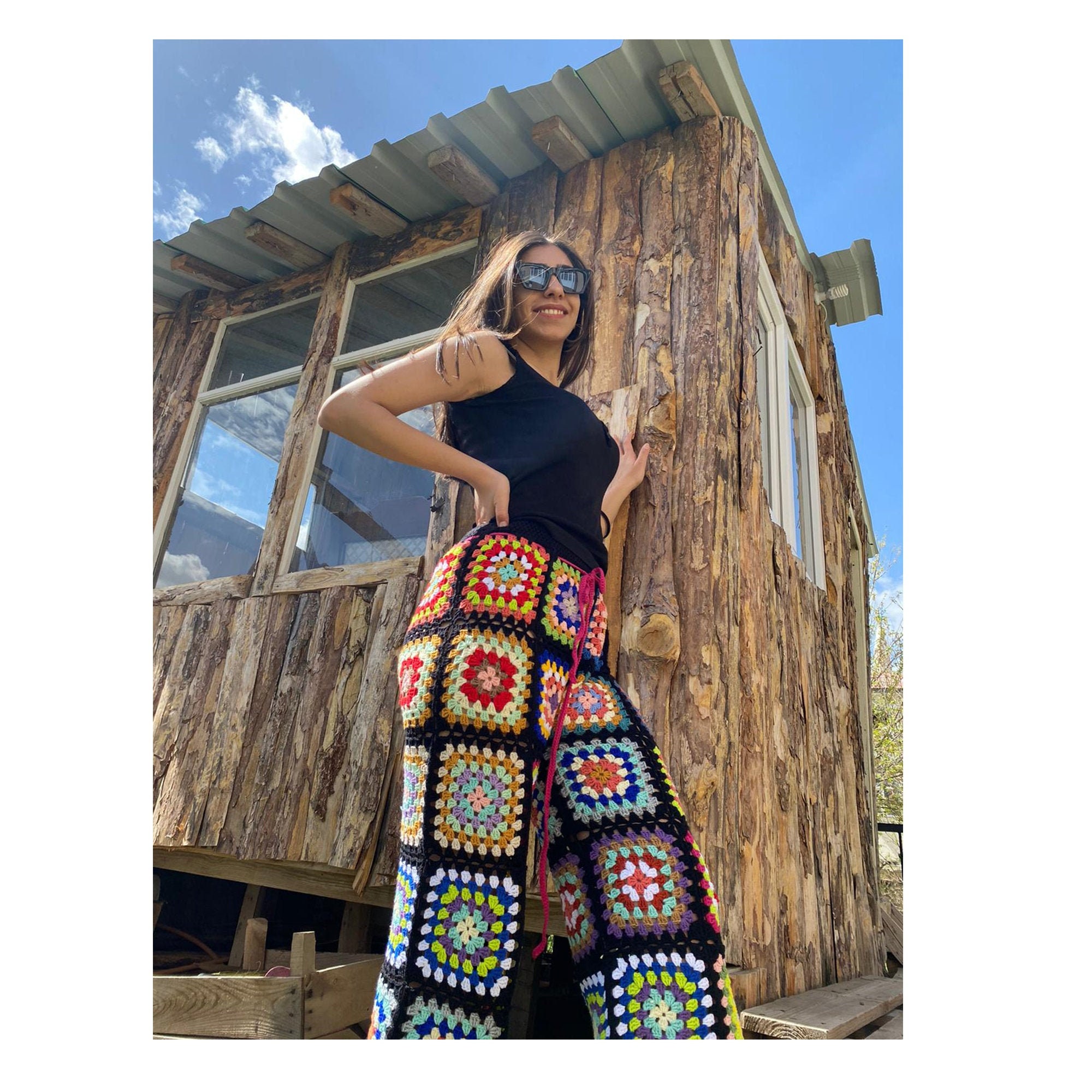 Crochet Patchwork Trousers, Granny Squares Multicolored