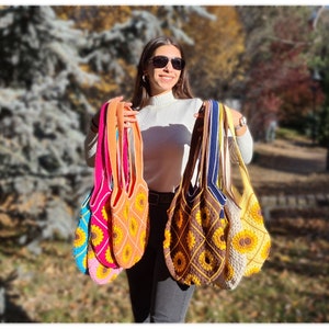 Colorful Crochet Bags, Crochet Sunflower Bag, Floral Shoulder Bag, HandKnit Daisy Bag, Granny Square Mini Bag, Crochet Purse, Knit Tote Bag