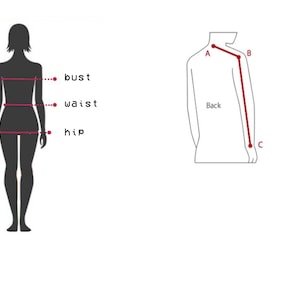 Puede incluir: Diagrama que muestra c&oacute;mo medir el busto, la cintura y la cadera de una persona. Un diagrama separado muestra c&oacute;mo medir la longitud de una prenda desde el hombro hasta la mu&ntilde;eca.