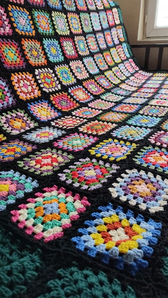 Dark Shadows Blanket, Granny Square Afghan Blanket, Vintage
