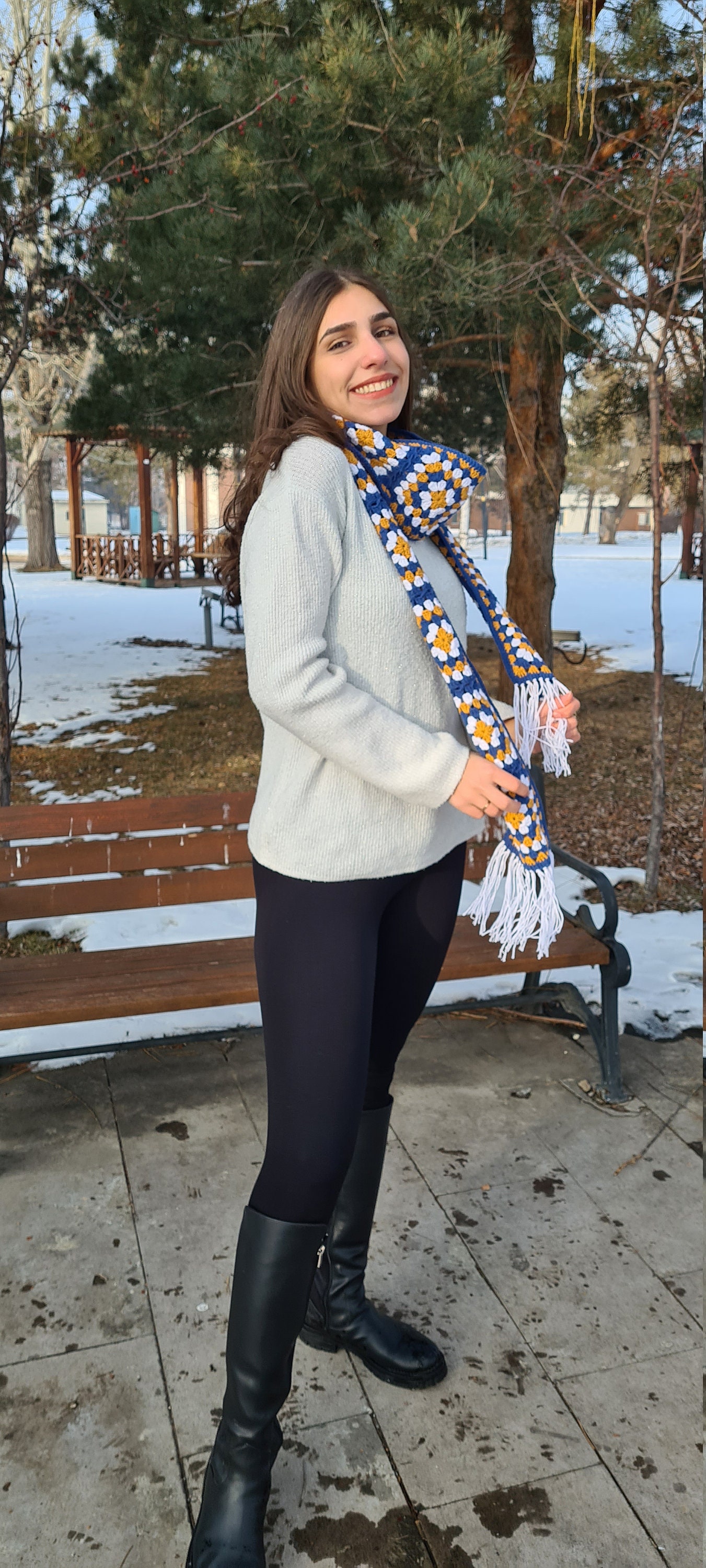 Granny Square Blue Scarf Crochet Scarf Crochet White Scarf - Etsy