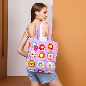 Purple Crochet Bag, Knit Floral Bag, Grannysquare Bag, Crochet Afghan Daisy Bag, Crochet Tote Bag, Crochet Purse, African Flower