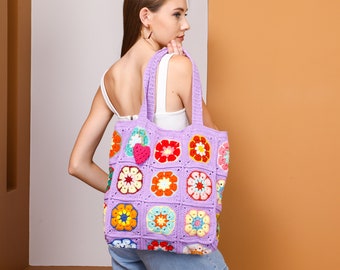 Purple Crochet Bag, Knit Floral Bag, Grannysquare Bag, Crochet Afghan Daisy Bag, Crochet Tote Bag, Crochet Purse, African Flower