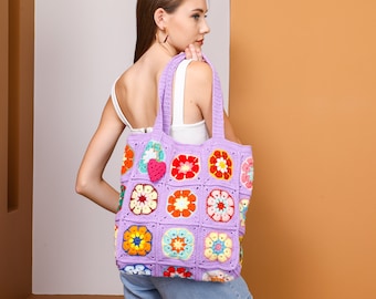Purple Crochet Bag, Knit Floral Bag, Grannysquare Bag, Crochet